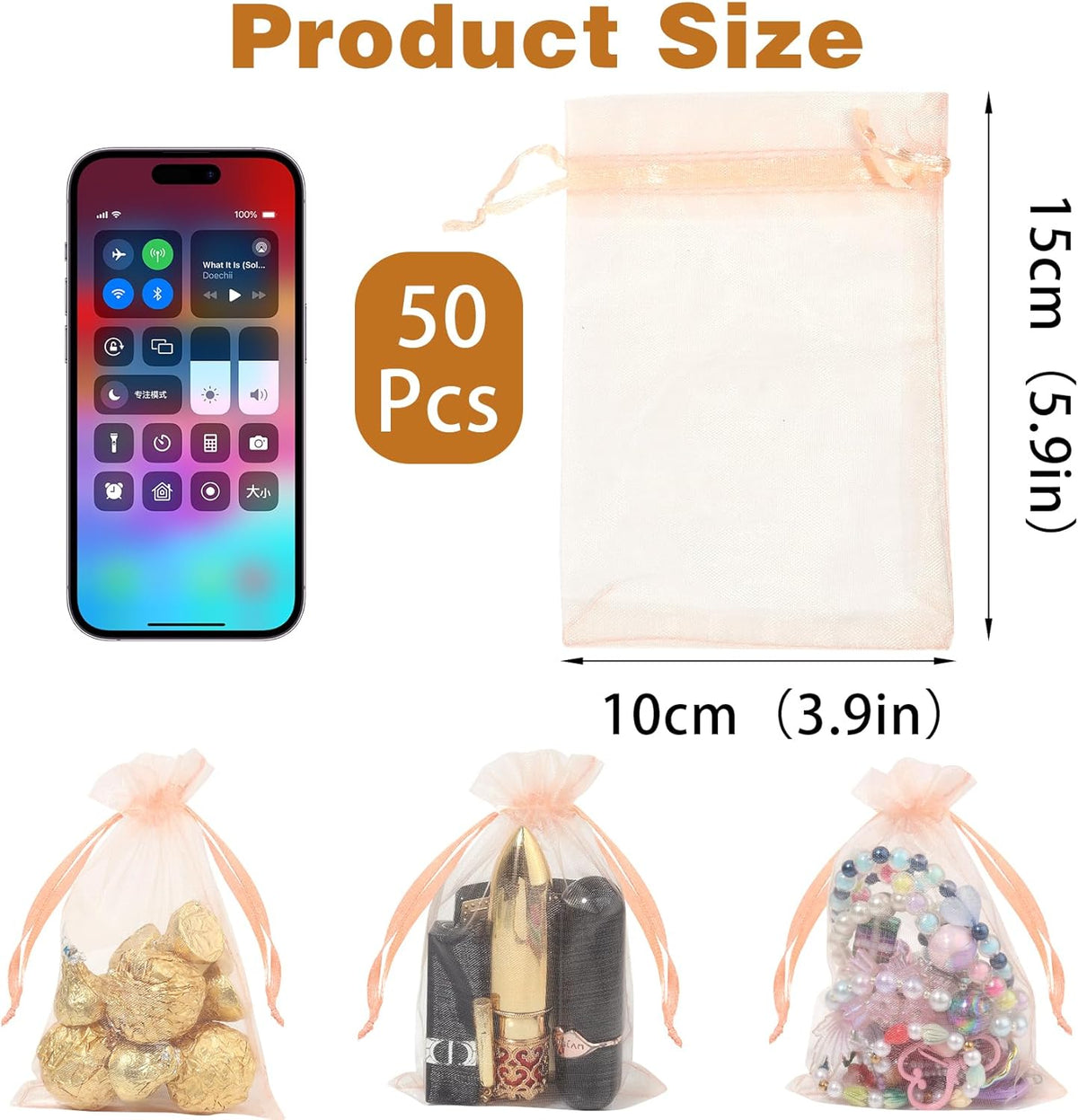 Partyeah 50Pcs Organza Bags 4x6 Inch Small Jewelry Mesh sachet Bags Drawstring for Wedding Candy Organza Gift Bags(Peach)