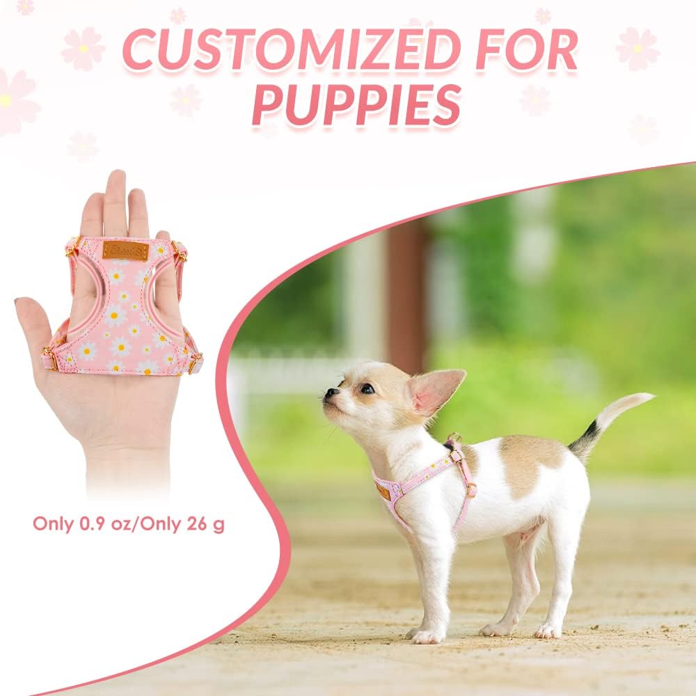 Lukovee No Pull Puppy Harness and Leash Set - Adjustable Lightweight Soft Suede Pet Harness Vest, with Snap Buckle & 51in Leash for Small Medium Dogs (Pink-XXS)