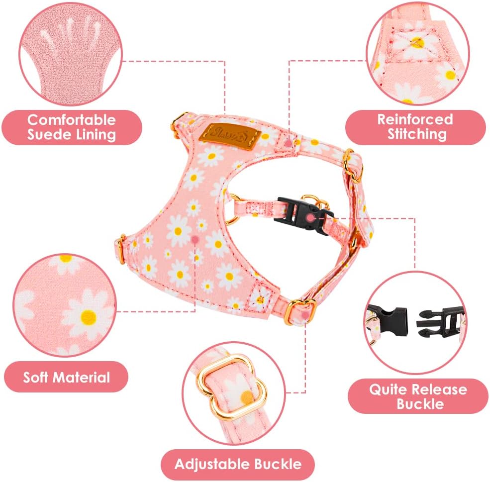 Lukovee No Pull Puppy Harness and Leash Set - Adjustable Lightweight Soft Suede Pet Harness Vest, with Snap Buckle & 51in Leash for Small Medium Dogs (Pink-XXS)