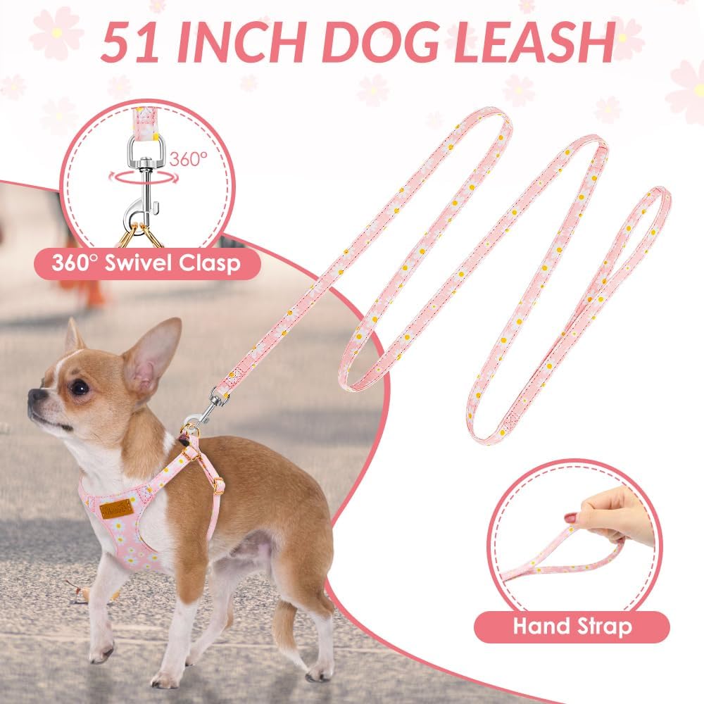 Lukovee No Pull Puppy Harness and Leash Set - Adjustable Lightweight Soft Suede Pet Harness Vest, with Snap Buckle & 51in Leash for Small Medium Dogs (Pink-XXS)
