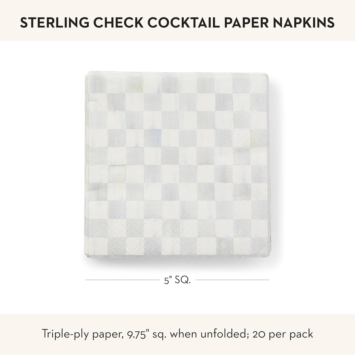 MACKENZIE-CHILDS Cocktail Paper Napkins, Stylish Paper Cocktail Napkins for Parties and More, Gray-and-White Sterling Check