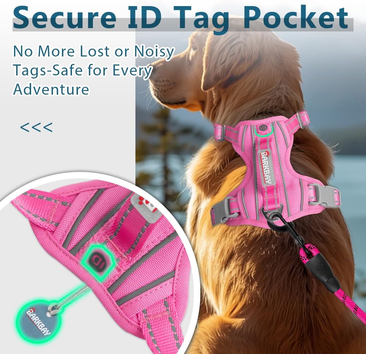 Dog Harness No Pull with ID Tag Pocket - Heavy Duty, Reflective, Easy Control for Large Dogs(Pink,M)