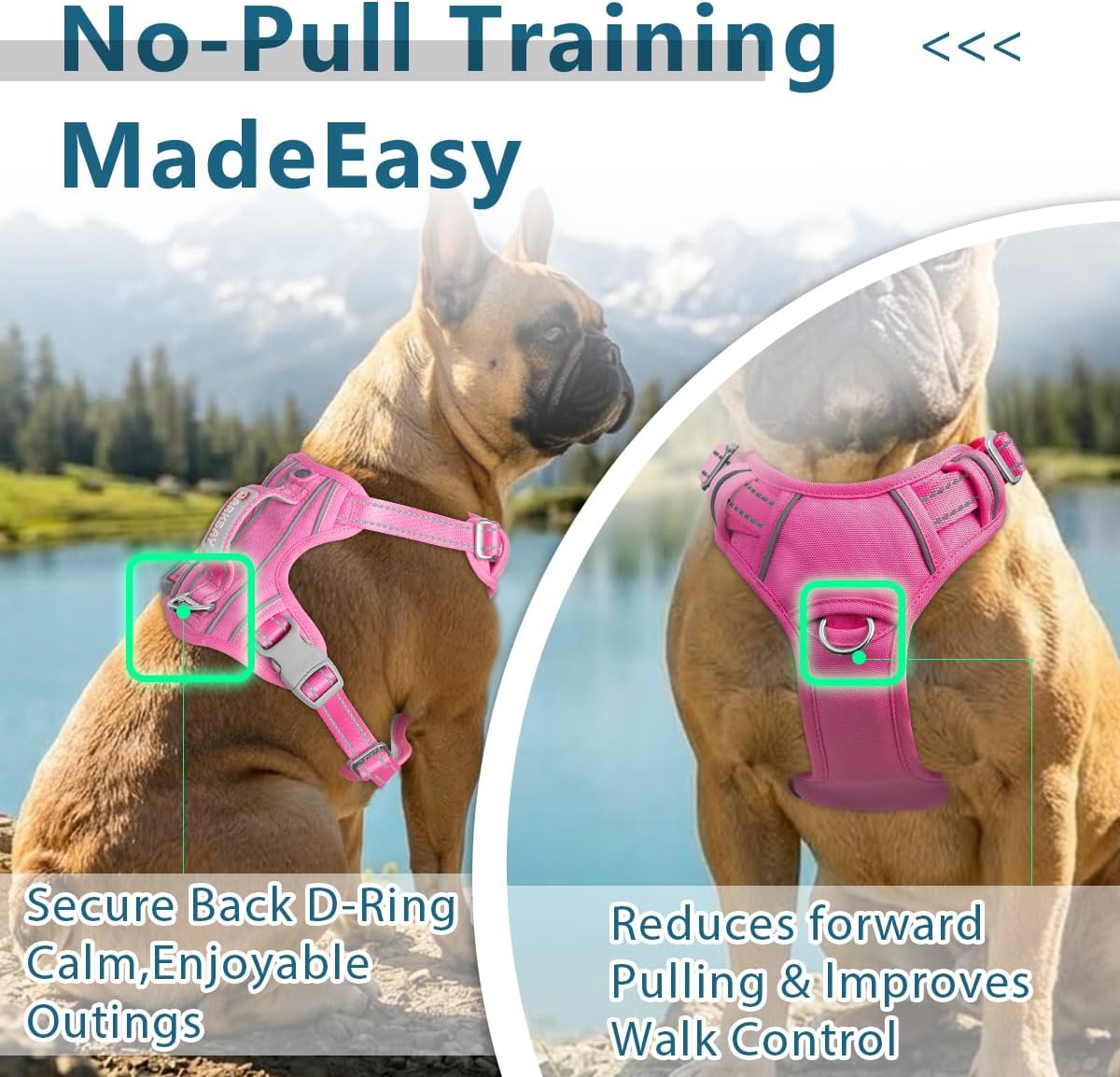 Dog Harness No Pull with ID Tag Pocket - Heavy Duty, Reflective, Easy Control for Large Dogs(Pink,M)