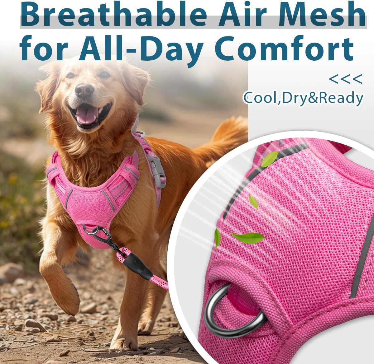 Dog Harness No Pull with ID Tag Pocket - Heavy Duty, Reflective, Easy Control for Large Dogs(Pink,M)