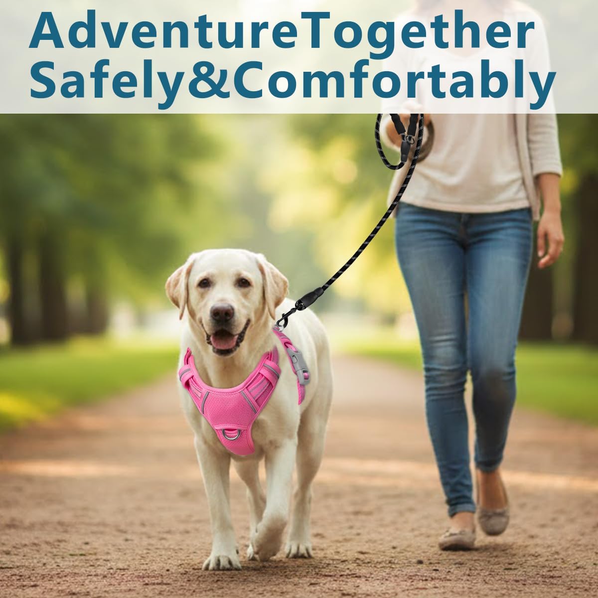 Dog Harness No Pull with ID Tag Pocket - Heavy Duty, Reflective, Easy Control for Large Dogs(Pink,M)