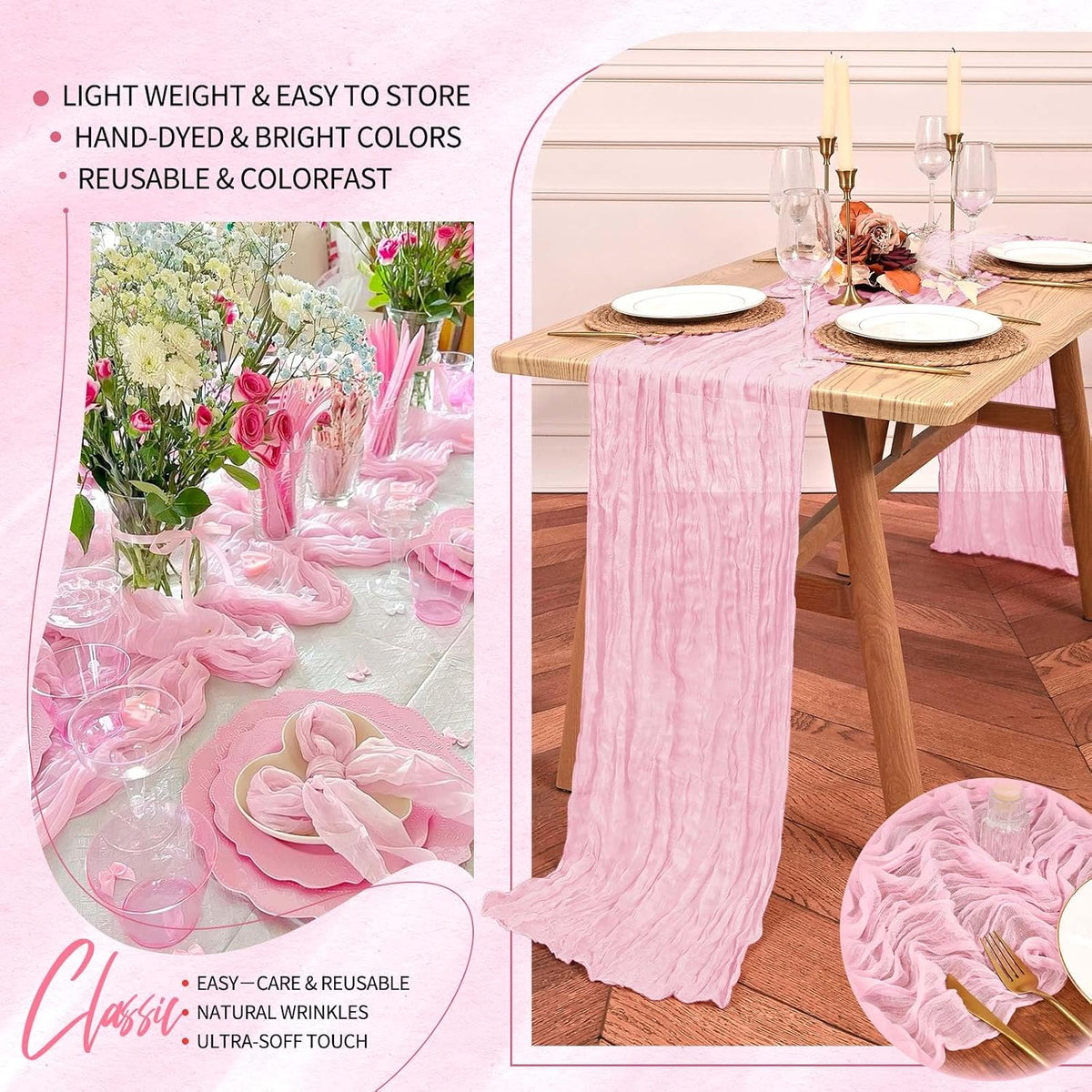 18 Pack Cheesecloth Table Runner 10FT Light Pink Table Runner Boho Gauze Cheese Cloth Table Runners Long Rustic Sheer Table Decorations for Wedding Party Baby Bridal Shower Birthday Holiday Home