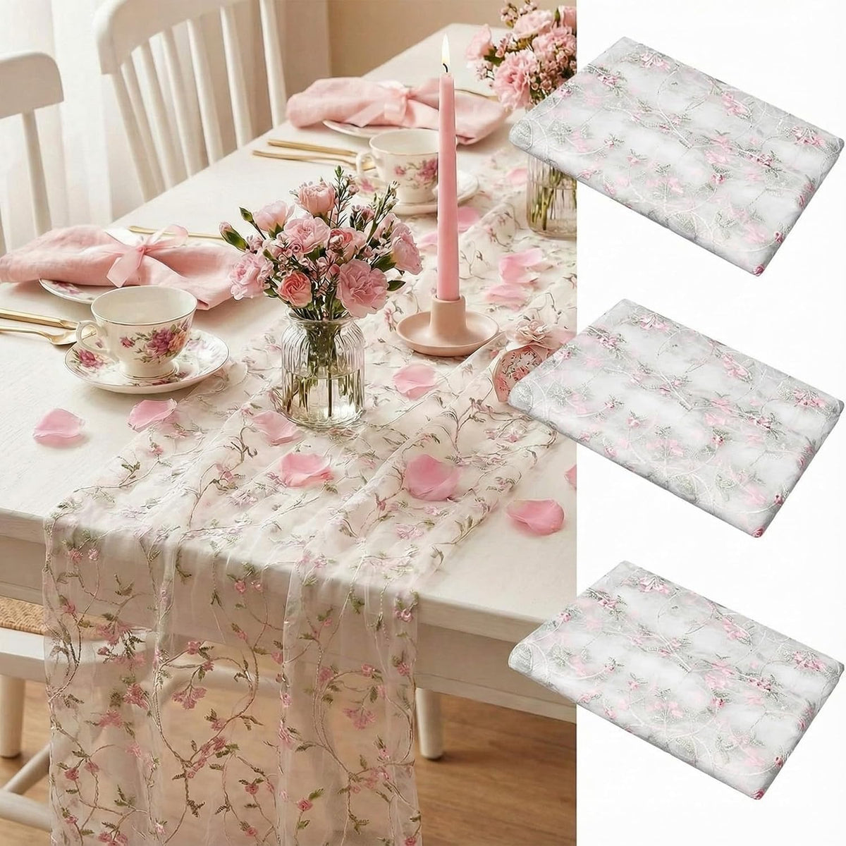 3 Pcs Flower Table Runner 10ft Embroidery Flower