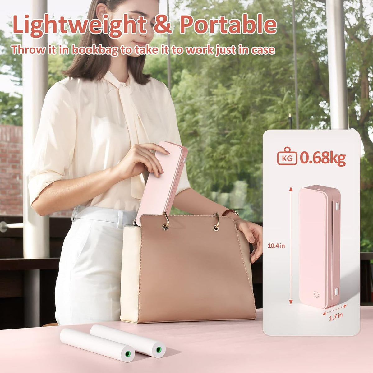 Inkless Portable Printer for Travel, Wireless Thermal Printer Supports 8.5 x 11 Inch US Letter Size, Bluetooth Machine Includes Carry Case and 3 Rolls of Thermal Paper Kit, Pink