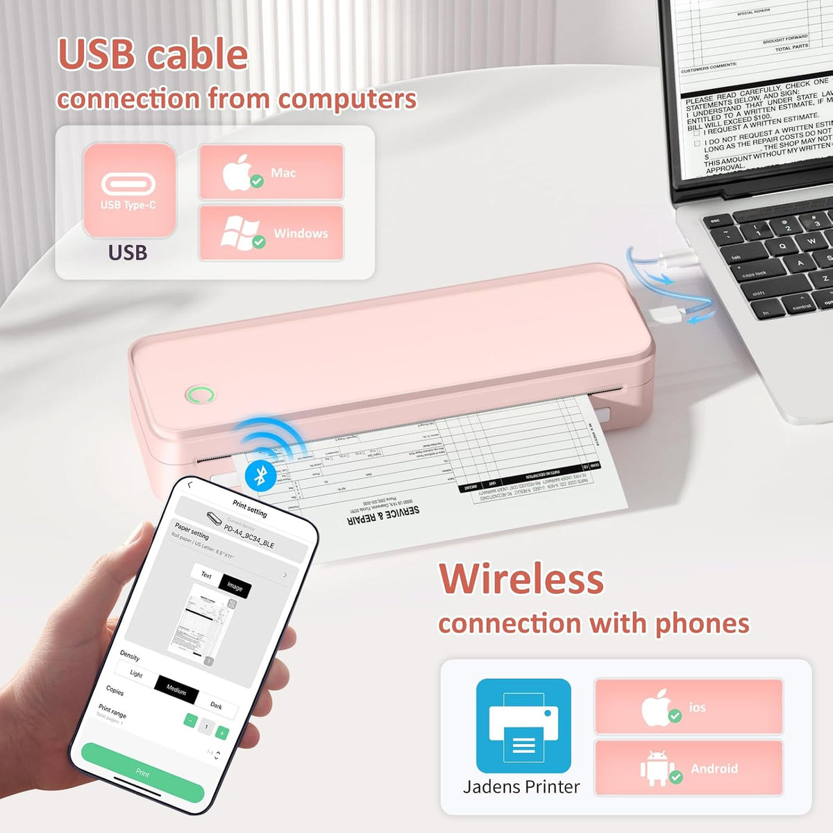 Inkless Portable Printer for Travel, Wireless Thermal Printer Supports 8.5 x 11 Inch US Letter Size, Bluetooth Machine Includes Carry Case and 3 Rolls of Thermal Paper Kit, Pink
