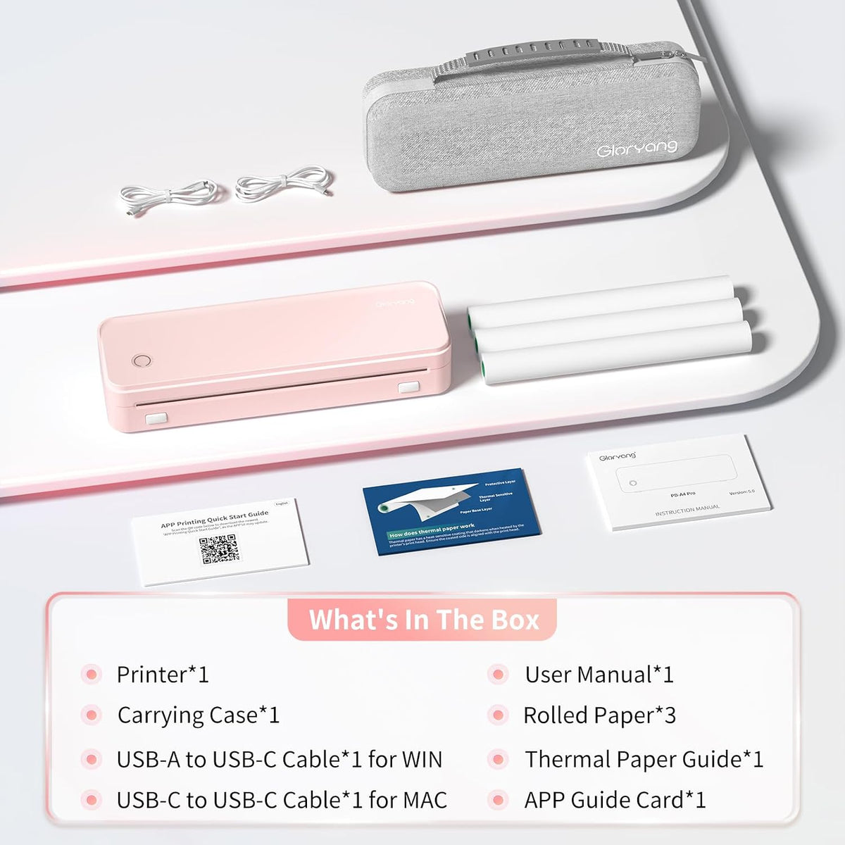Inkless Portable Printer for Travel, Wireless Thermal Printer Supports 8.5 x 11 Inch US Letter Size, Bluetooth Machine Includes Carry Case and 3 Rolls of Thermal Paper Kit, Pink