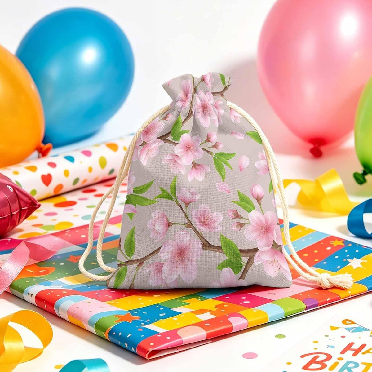 Victoroes Spring Peaches Drawstring Gift Bags 10 Pcs 5" x 7" Small Peaches Flowers Begin Gift Bag Reusable Fabric Wrap Bags for Wedding Party Birthday Holiday