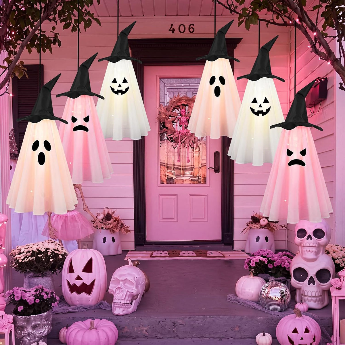 6 Pcs Halloween Ghost Decorations Outdoor Hanging, Pink Halloween Decor