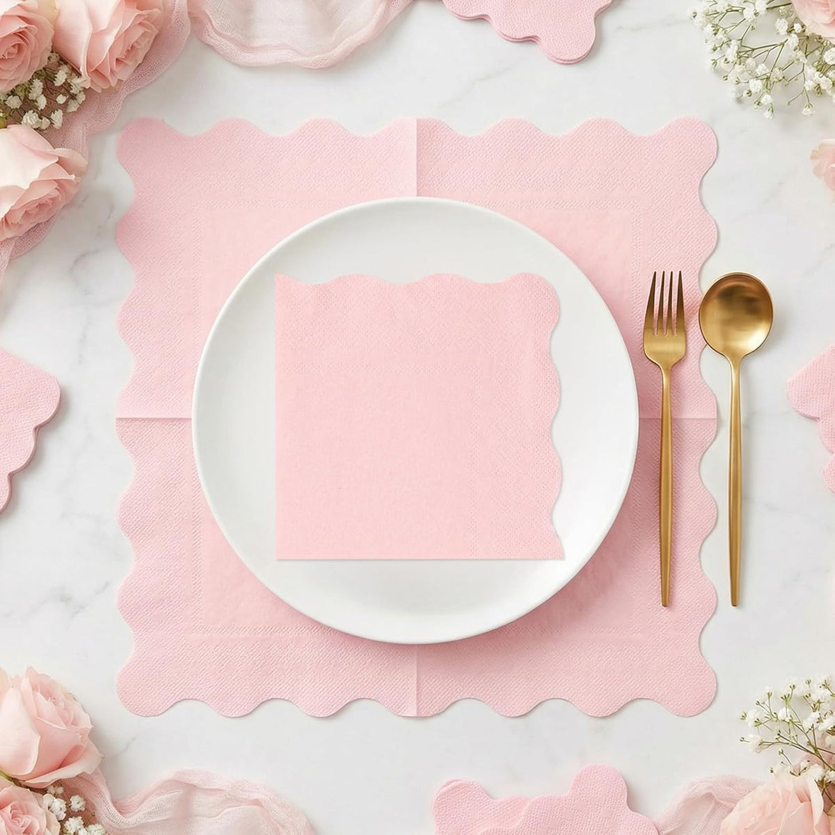80 Pcs Cocktail Napkins, 5 x 5 Inch Scalloped Paper Napkin | Disposable Wavy Napkins Scalloped Dessert Beverage Napkin Pink Party Napkin for Wedding, Bridal Baby Shower, Birthday