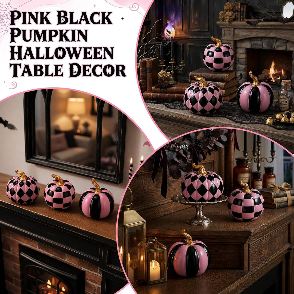 3 Pcs Halloween Pink Black Checkered Resin Pumpkin for Home
