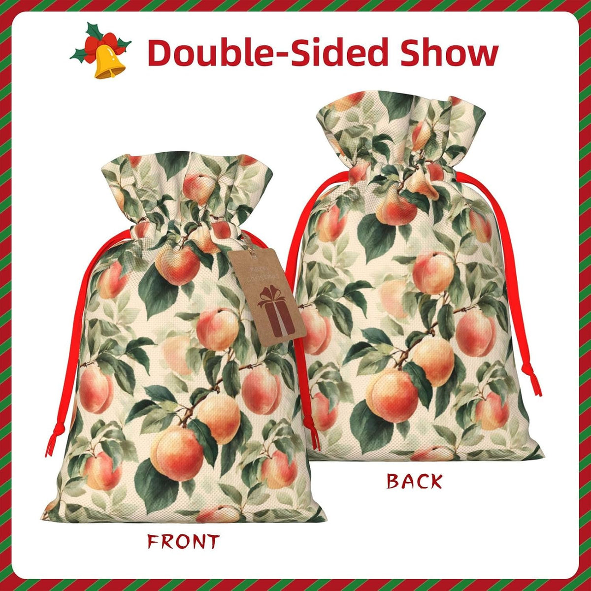 Moxquju Peach Print Christmas Drawstring Gift Bags, Reusable Candy Treat Bags For Holiday Birthday Party