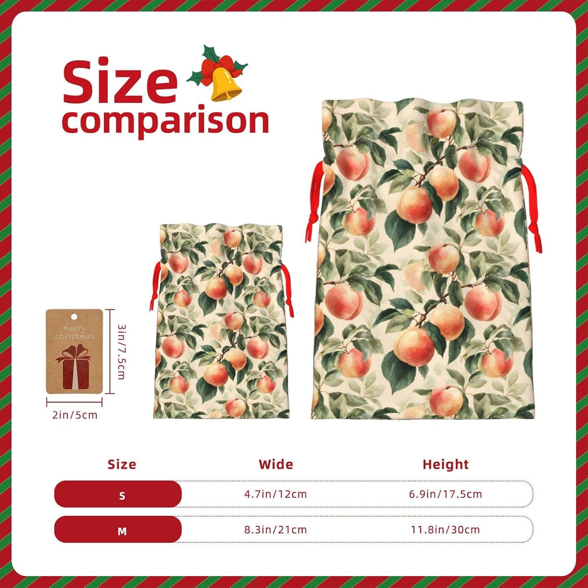Moxquju Peach Print Christmas Drawstring Gift Bags, Reusable Candy Treat Bags For Holiday Birthday Party