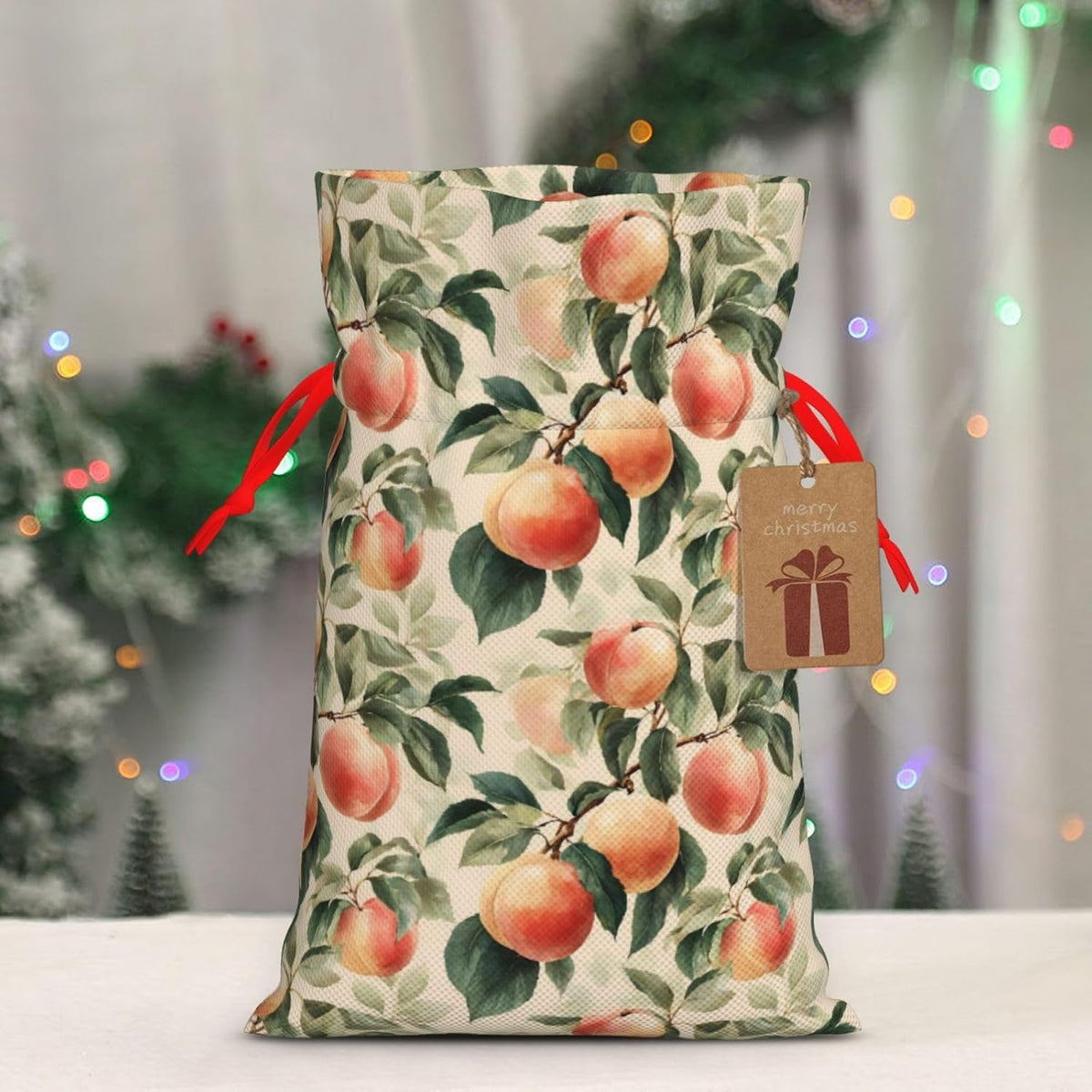 Moxquju Peach Print Christmas Drawstring Gift Bags, Reusable Candy Treat Bags For Holiday Birthday Party