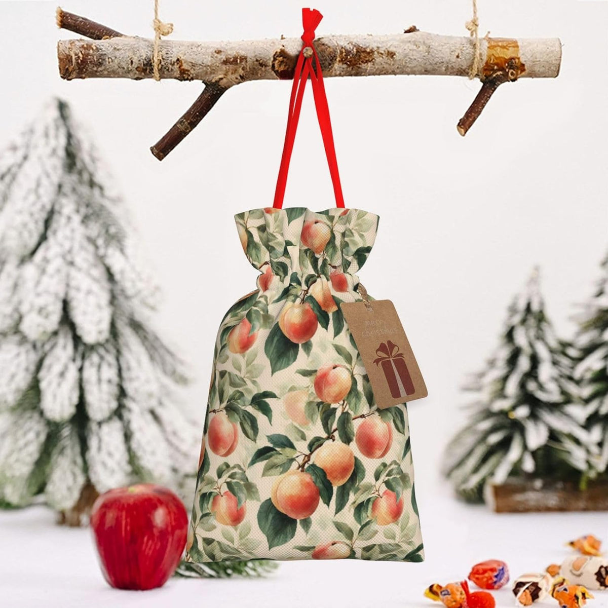 Moxquju Peach Print Christmas Drawstring Gift Bags, Reusable Candy Treat Bags For Holiday Birthday Party