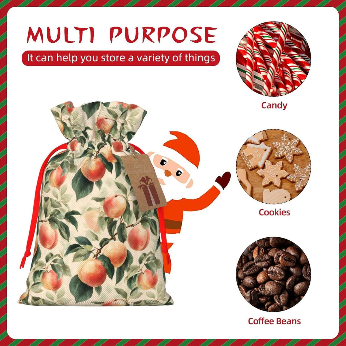 Moxquju Peach Print Christmas Drawstring Gift Bags, Reusable Candy Treat Bags For Holiday Birthday Party