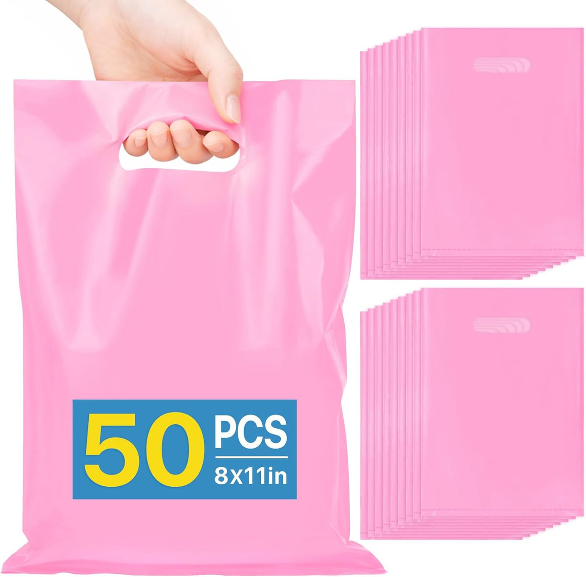 50PCS Pink Party Favor Gift Bags 8"x11", Plastic Goodie Bag Bulk