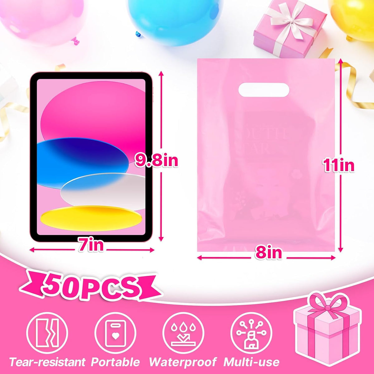 50PCS Pink Party Favor Gift Bags 8"x11", Plastic Goodie Bag Bulk
