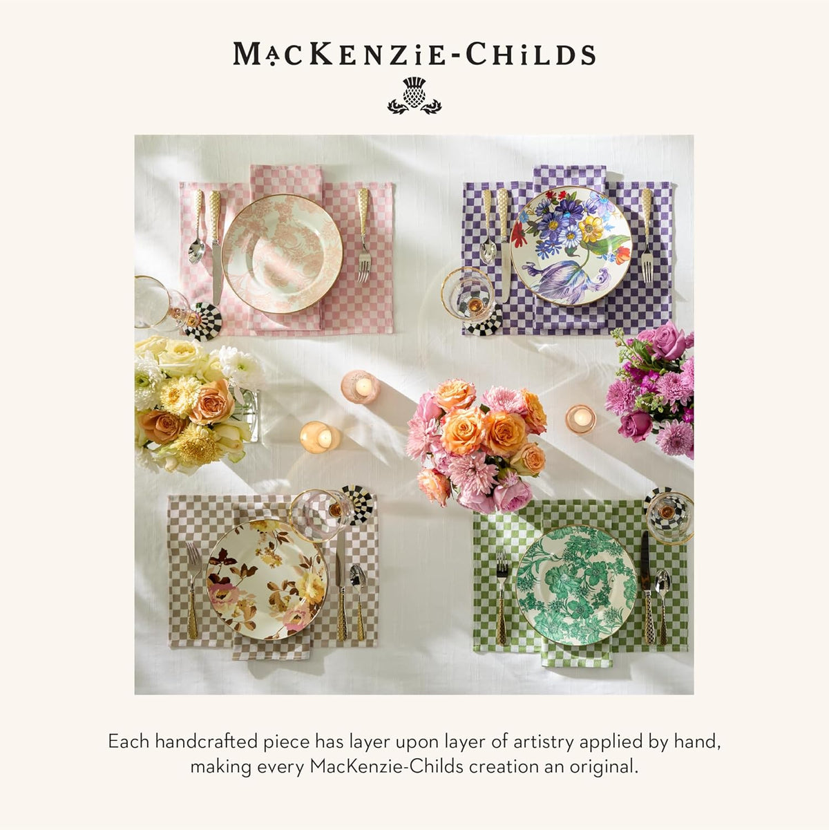 MACKENZIE-CHILDS Set of 4 Cotton Napkins, Cloth Dinner Napkins, Pink Check