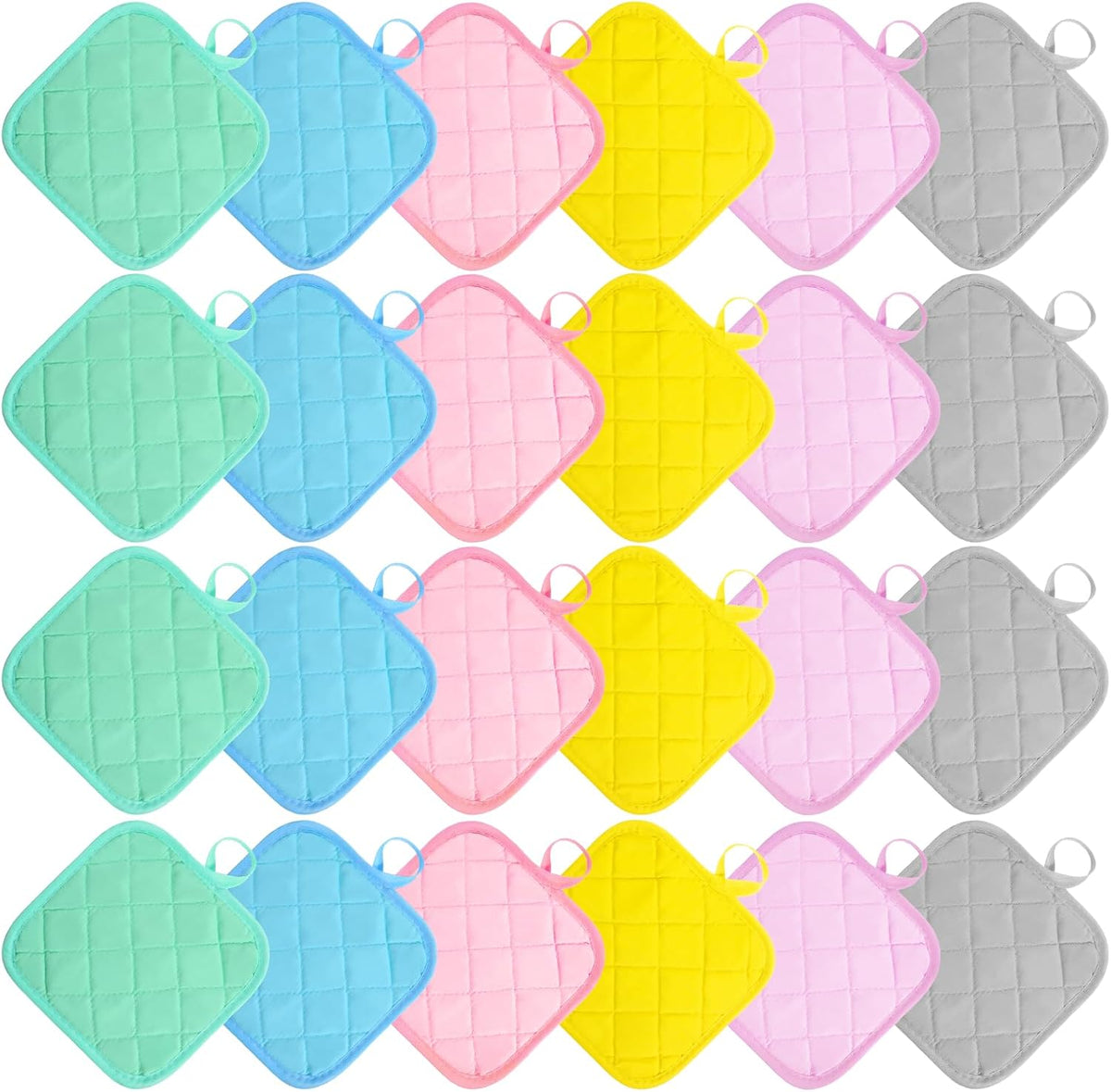 24 Pcs Cotton Pot Holders for Kitchen, Multicolor Square Hot Pads, Thicken Heat Resistant Potholders, Cloth Potholders for Hot, Trivet for Cooking and Baking with Hanging Loops, 6.9 x 6.7 Inch