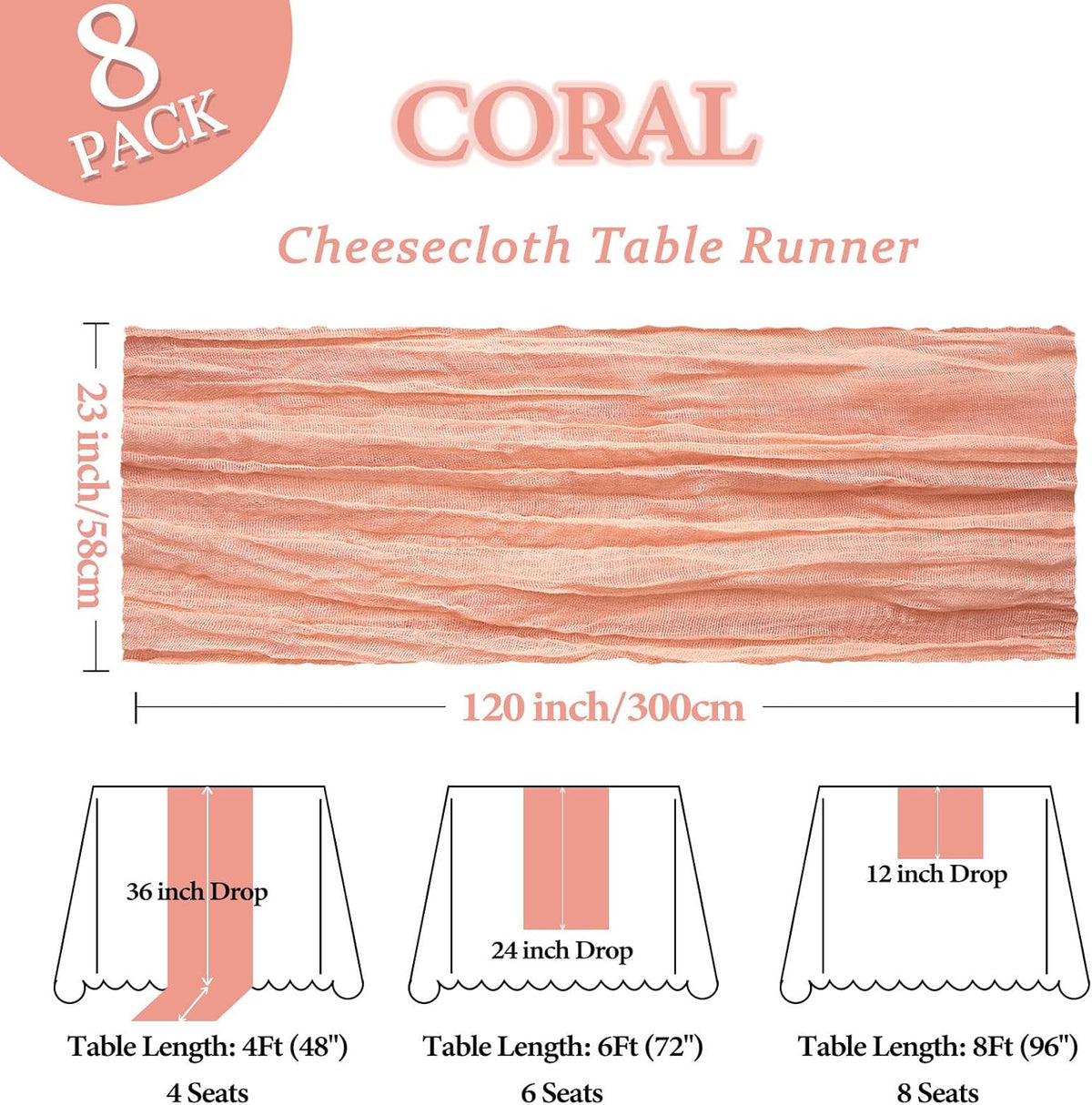 8 Pack 23 x 120 Inch Coral Table Runner 10Ft Cheesecloth