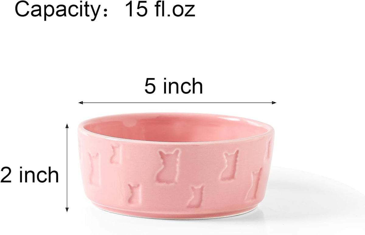 Set of 2 Pink Ceramic Dog Bowls for Food and Water, 5 Inch Wide Cute Pet Dishes for Small Size Dogs/Puppy