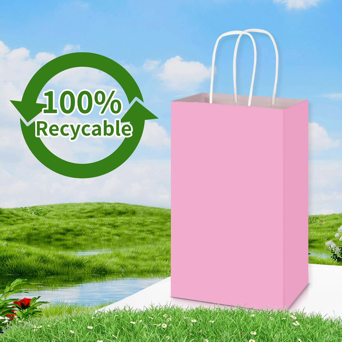 100 Pack 5.25x3.25x8.25 Inch Small Light Pink Kraft Paper Bags with Handles Bulk, Gift Wrap Bags for Favor Grocery Retail Party Birthday Shopping Business Goody Craft Merchandise Take Out Sacks