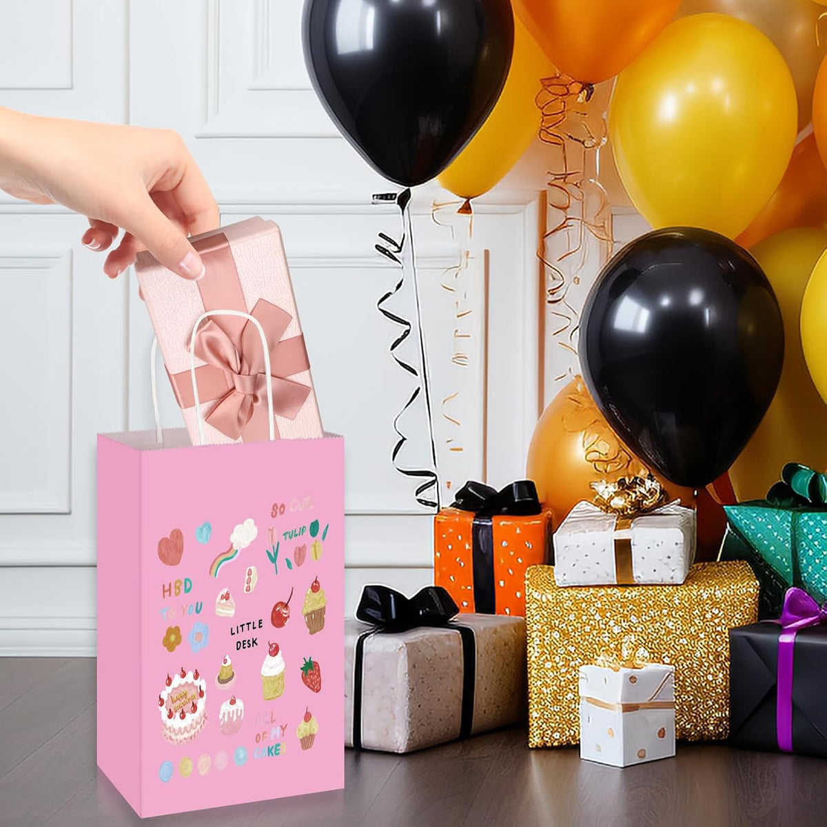 100 Pack 5.25x3.25x8.25 Inch Small Light Pink Kraft Paper Bags with Handles Bulk, Gift Wrap Bags for Favor Grocery Retail Party Birthday Shopping Business Goody Craft Merchandise Take Out Sacks