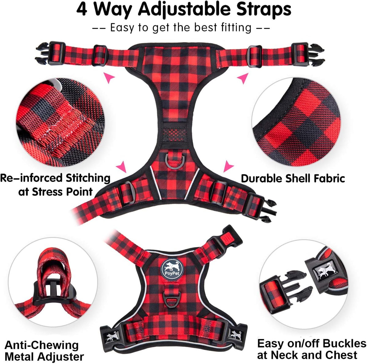 PoyPet No Pull Dog Harness, [Release at Neck] Reflective Adjustable No Choke Pet Vest with Front & Back 2 Leash Attachments, Soft Control Training Handle, Plaid(Checkered Red, L)