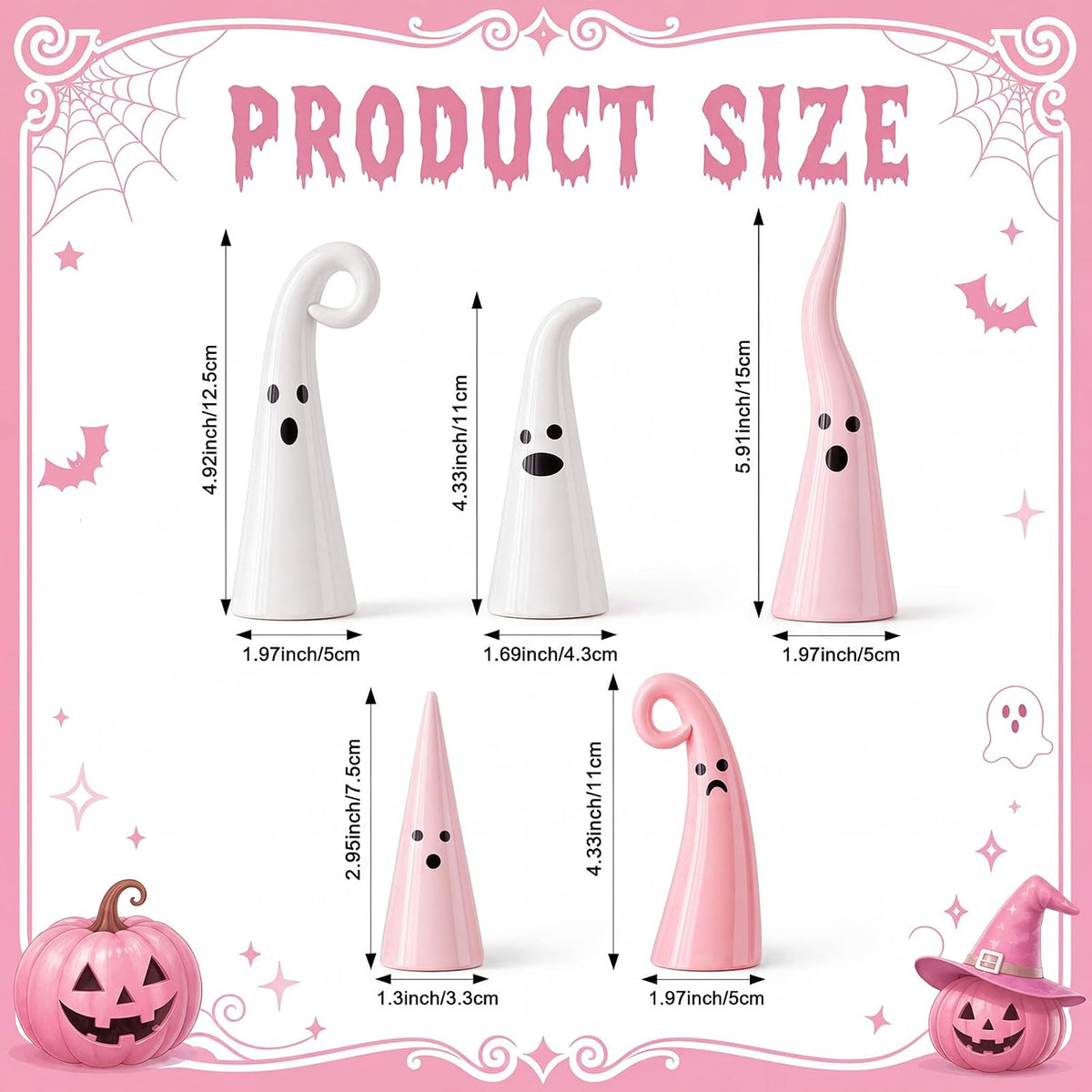 5 Pcs Pink Halloween Ceramic Ghost Decor, Rustic Witch Hat Shape