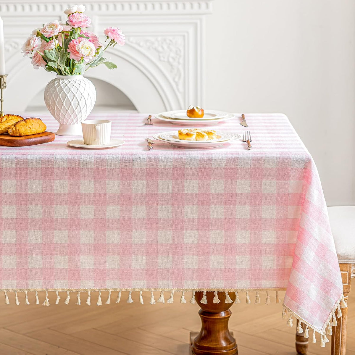 Checkered Tablecloth Rectangle Cotton Linen Gingham Table Cloth with Tassel Washable Wrinkle Free Heavy Duty Buffalo Plaid Table Cover for Dining/Party/Picnic (Pink, 55" x 84" (Rectangular))
