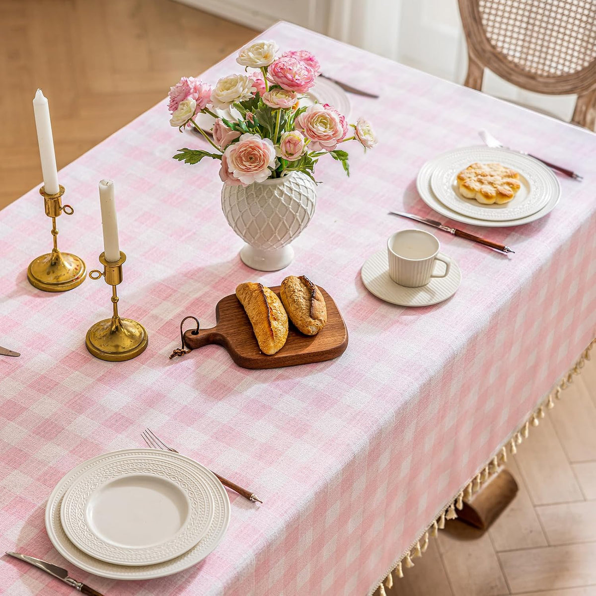 Checkered Tablecloth Rectangle Cotton Linen Gingham Table Cloth with Tassel Washable Wrinkle Free Heavy Duty Buffalo Plaid Table Cover for Dining/Party/Picnic (Pink, 55" x 84" (Rectangular))