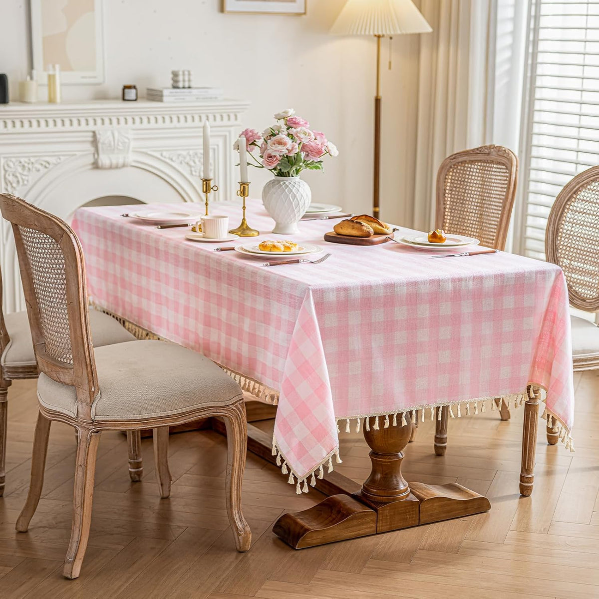 Checkered Tablecloth Rectangle Cotton Linen Gingham Table Cloth with Tassel Washable Wrinkle Free Heavy Duty Buffalo Plaid Table Cover for Dining/Party/Picnic (Pink, 55" x 84" (Rectangular))