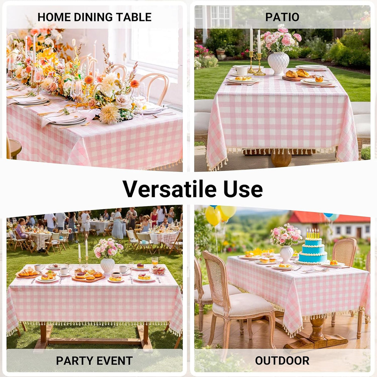 Checkered Tablecloth Rectangle Cotton Linen Gingham Table Cloth with Tassel Washable Wrinkle Free Heavy Duty Buffalo Plaid Table Cover for Dining/Party/Picnic (Pink, 55" x 84" (Rectangular))
