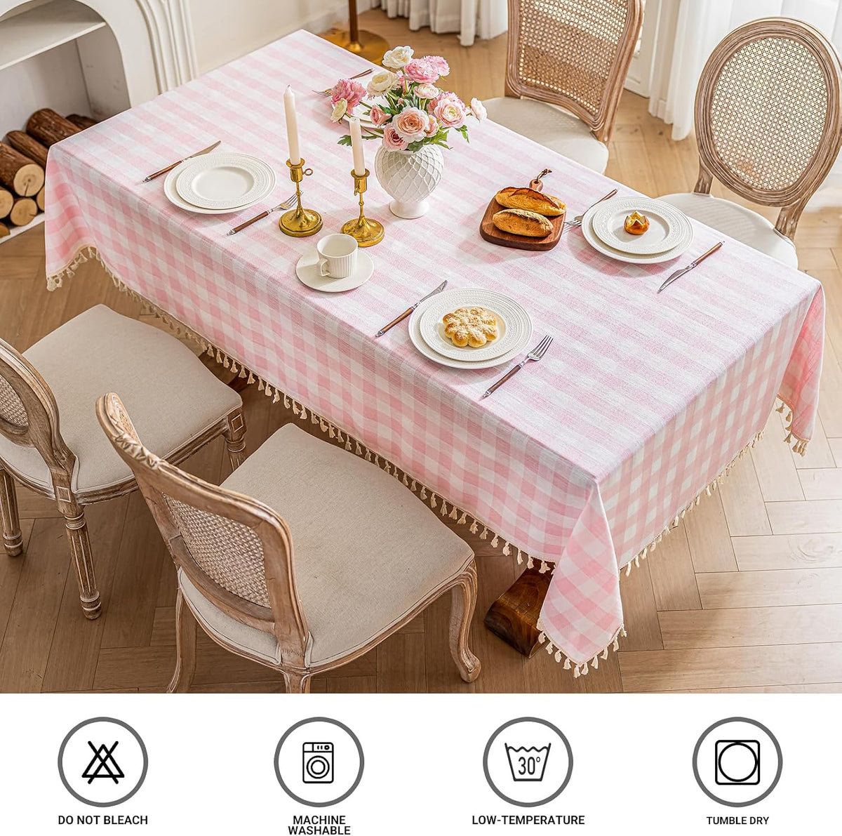 Checkered Tablecloth Rectangle Cotton Linen Gingham Table Cloth with Tassel Washable Wrinkle Free Heavy Duty Buffalo Plaid Table Cover for Dining/Party/Picnic (Pink, 55" x 84" (Rectangular))