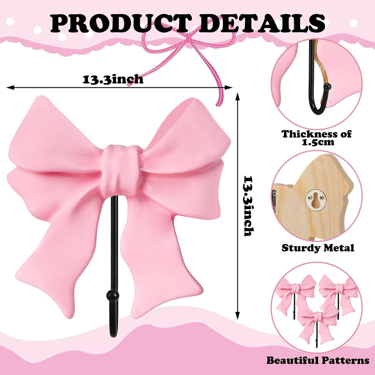3 Pcs Pink Bow Coat Hooks Large Wooden Bow Coat Hook 5 Inch Coquette Decorative Metal Holder Pink Wall-Mounted Hanger for Bathroom Living Room Hanging Towels Coats Bags Keys