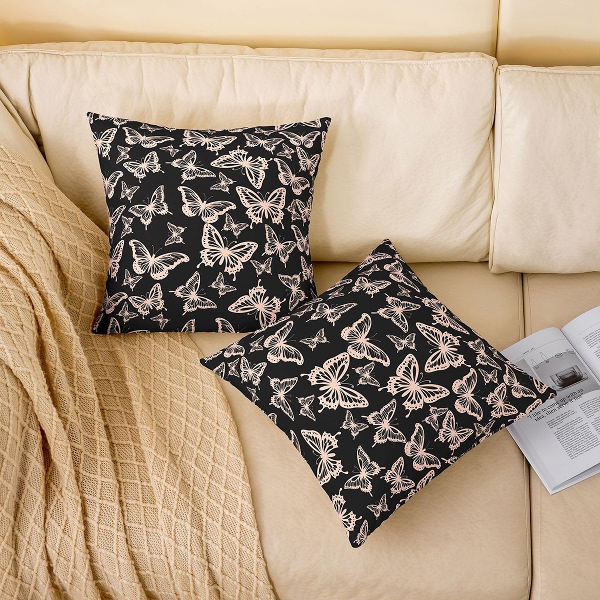 Girls Butterfly Throw Pillow Covers 1 pcs 22"x 22" Kids Light Pink Cushion Case for Sofa Couch Bed Chair Car, Beautiful Butterflies Pattern Decor Pillowcase Room Decor