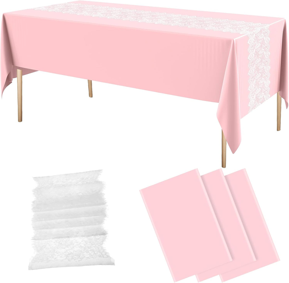 6 Pcs Disposable Plastic Tablecloth Lace Table Runner Set, Pink
