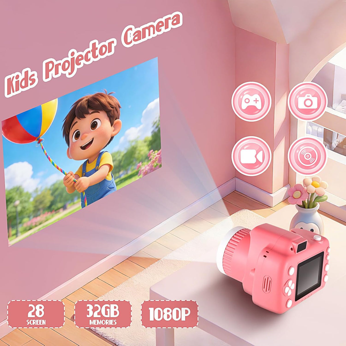 Kids Digital Camera with Video Games, Digital Camera for Kids Fhd 1080P, Kids Video Camera Digital Camcorder with Projector Stent for Gifts Pink