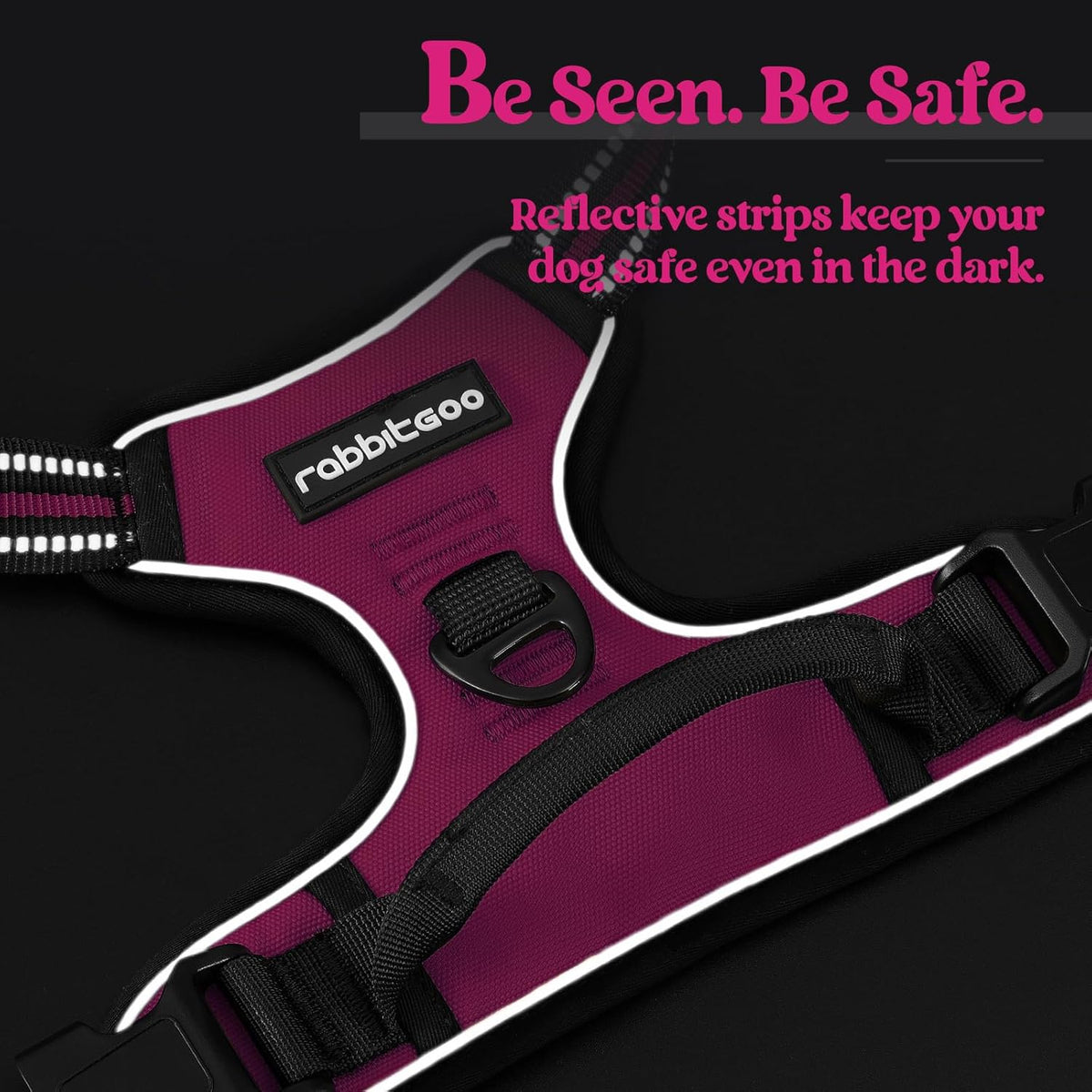 rabbitgoo Dog Harness No Pull with 2 Leash Clips, Adjustable Soft Padded, Reflective Oxford No Choke Pet Vest with Easy Control Handle for Large Dogs, Hot Pink, XL