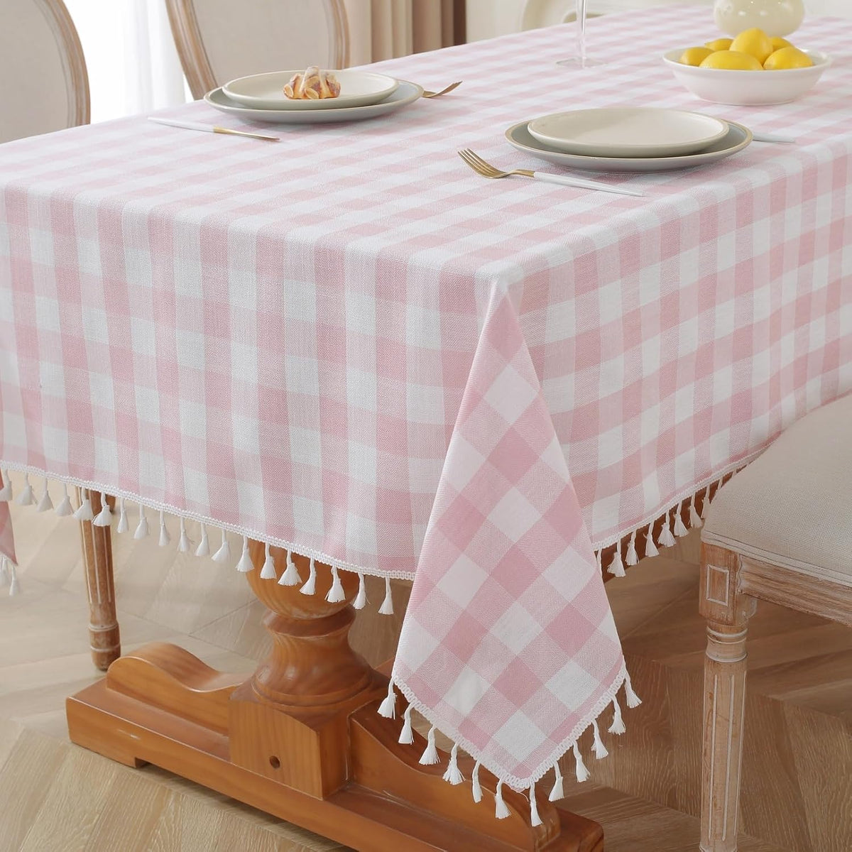 Pink Gingham Tablecloth Rectangle 55 x 120 Inch, Washable Checkered Plaid Table Cloth Heavy Duty Linen Cotton Fabric for Summer Outdoor Picnic Party Dining