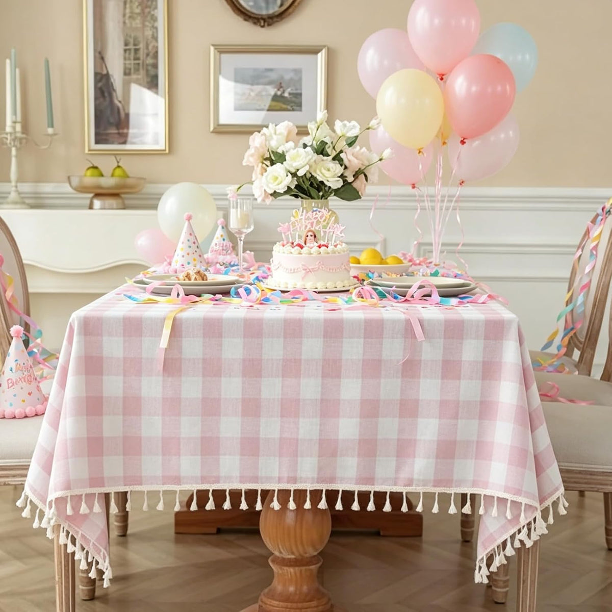 Pink Gingham Tablecloth Rectangle 55 x 120 Inch, Washable Checkered Plaid Table Cloth Heavy Duty Linen Cotton Fabric for Summer Outdoor Picnic Party Dining