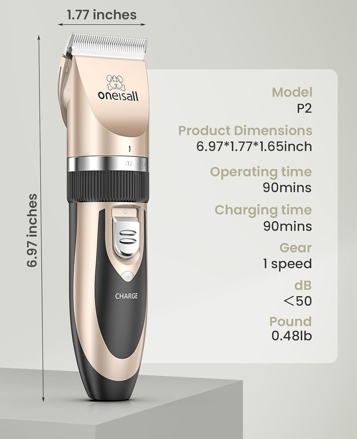 oneisall Dog Clippers Low Noise, Dog Grooming Kit with Rechargeable, Pet Shaver Cordless Electric Quiet Hair Clipper Set for Dogs Cats Pets（Gold）