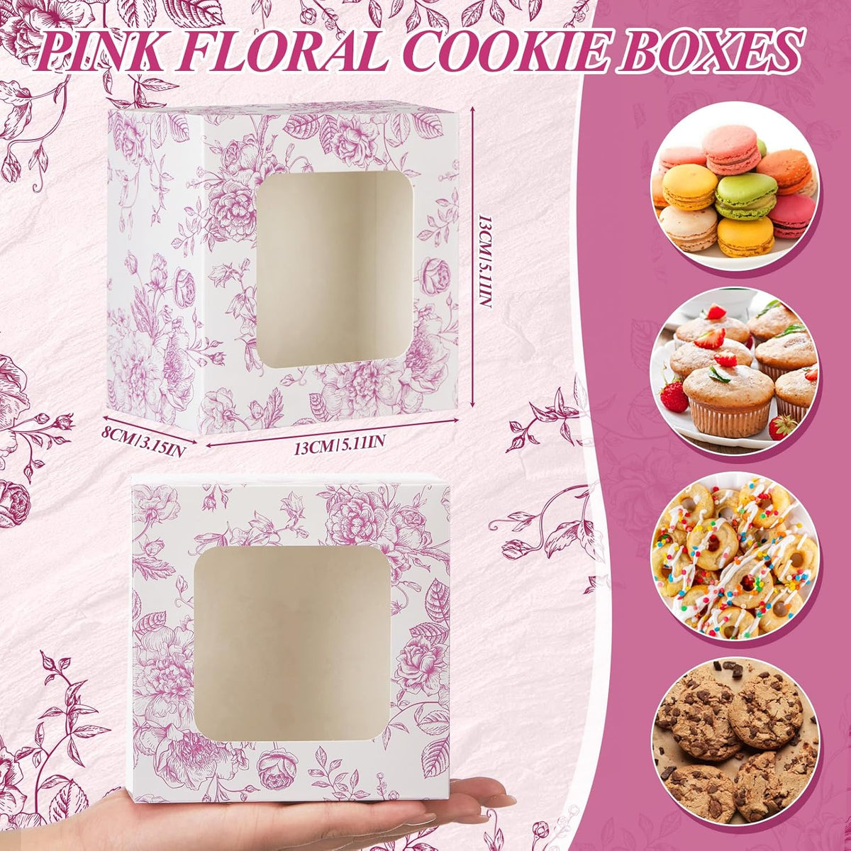 50 Pack Pink Floral Cookie Boxes with Window, Chinoiserie Small Bakery Treat Boxes for Pastry Donuts Macaroon Cupcakes, Wedding Bridal Shower Birthday Tea Party Baby Shower Favors