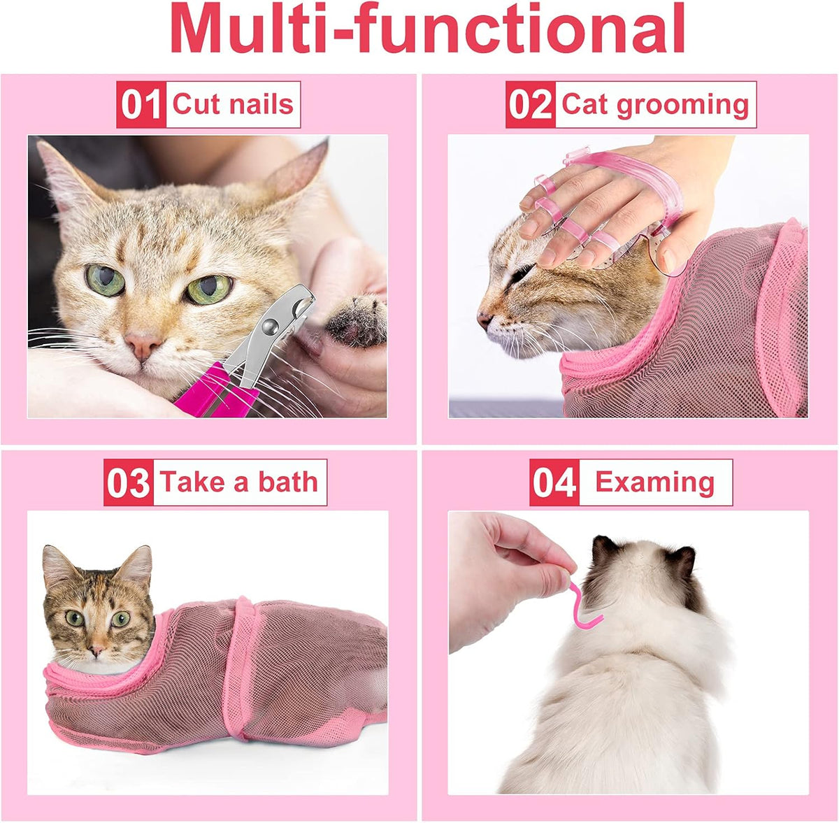 5 Pcs Cat Bathing Bag Set Cat Grooming Bag Adjustable Pet Shower Net Muzzles Nail Clipper Tick Remover Tool Massage Brush(Pink)
