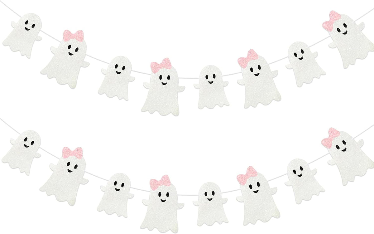 2 Pack Pink White Glitter Halloween Ghost Garland Banner