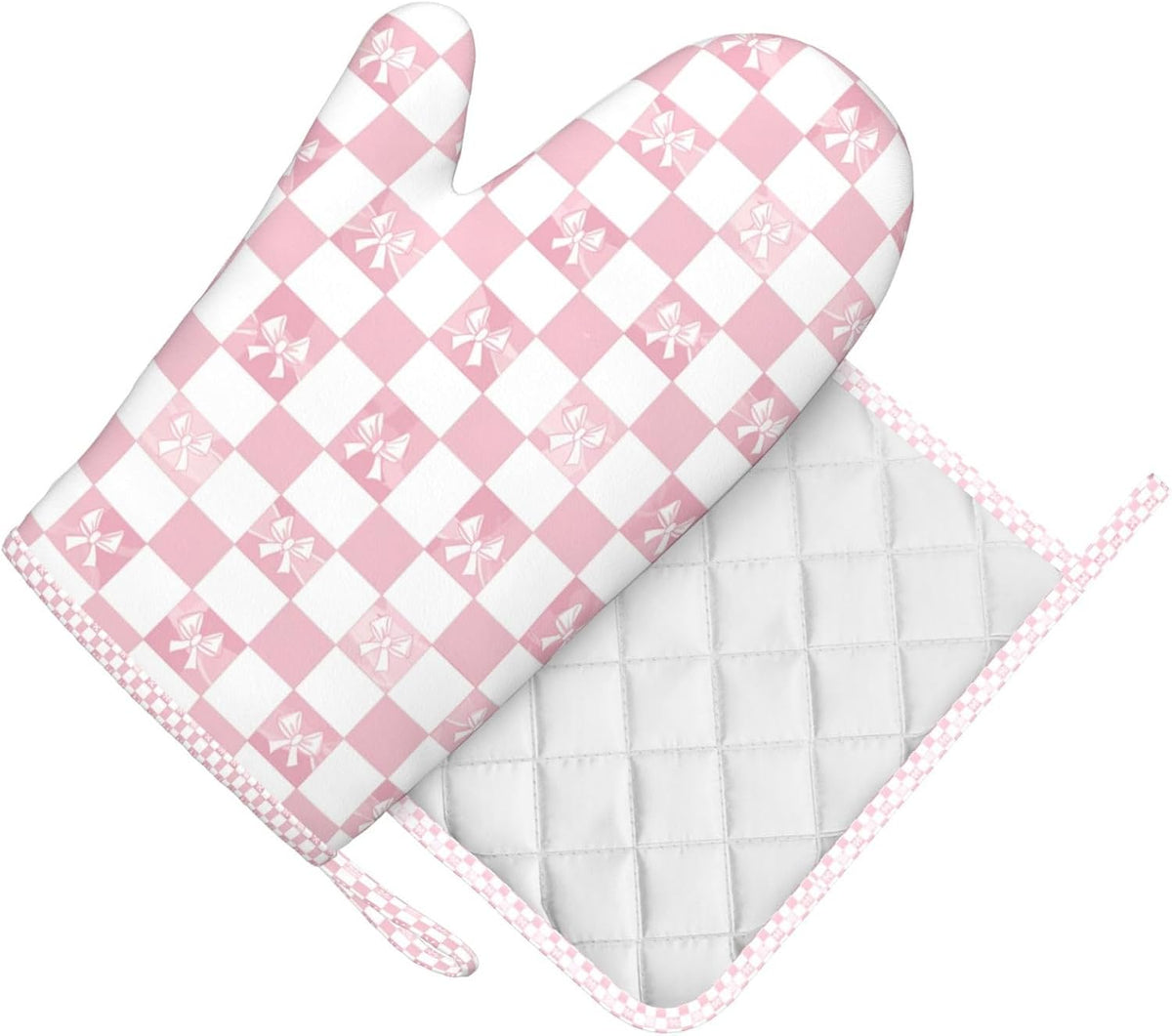 Oven Mitts and Pot Holders Pink Check Bow Pattern Silicone Kitchen Accessories Set of 2 Heat Resistant Long Gloves Potholder Non-Slip Grip for Chef Cooking Baking Grilling BBQ